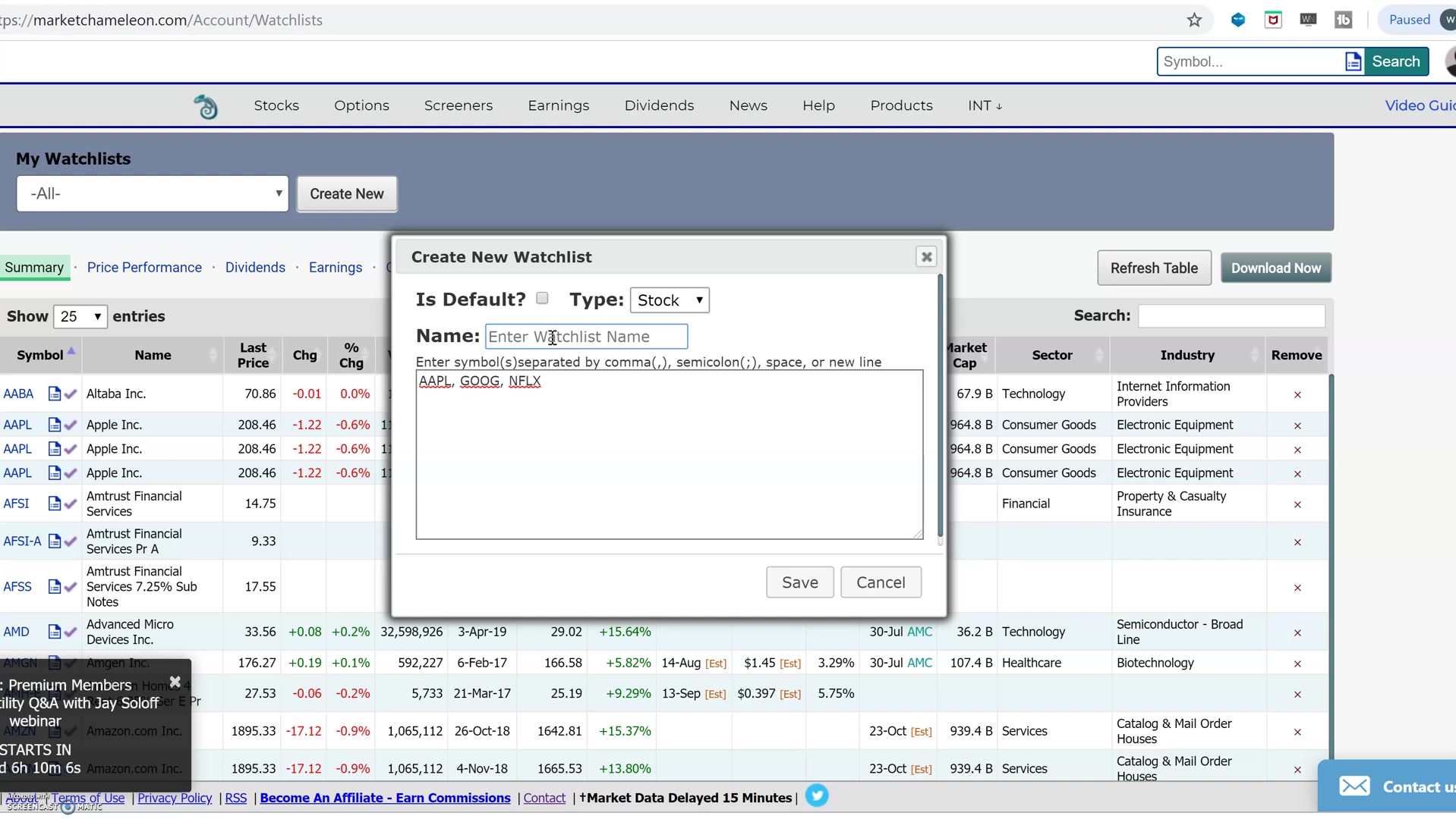 Market Chameleon Watchlists画面全体。Create NewやRenameなどの主要ボタンとWatchlist一覧が表示されている画面