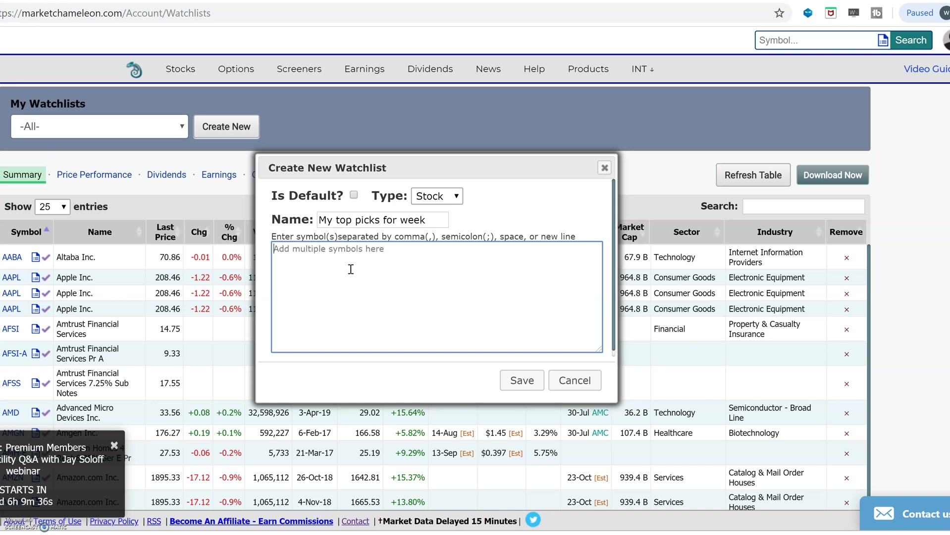 Market ChameleonのNews画面。In My Watchlistで監視銘柄に絞り込む条件が表示されている画面