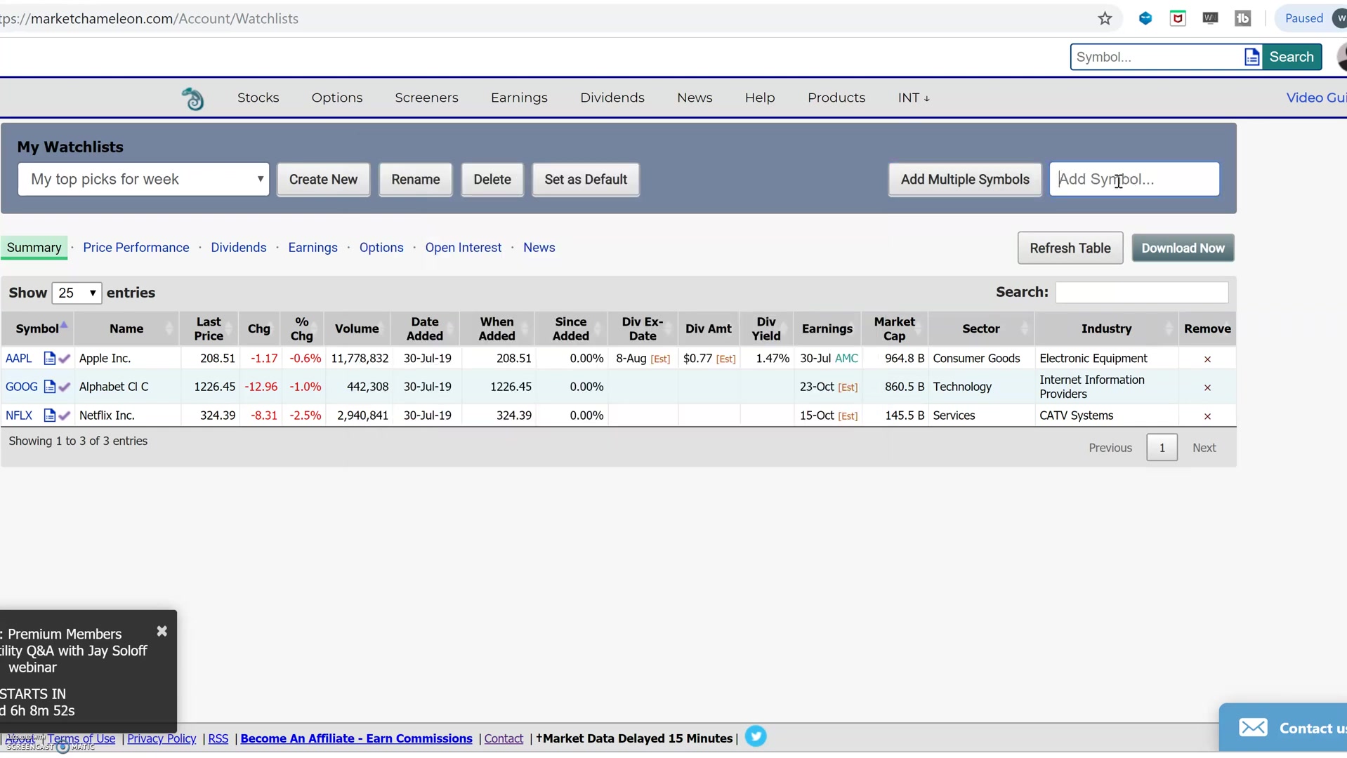 Market ChameleonのNews画面をTable Viewで表示し、Watchlist条件で絞り込んでいる画面