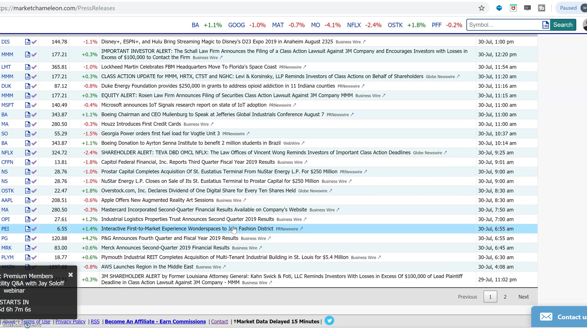 Options関連画面でIn Watchlist条件を使って対象銘柄を絞り込んでいる画面