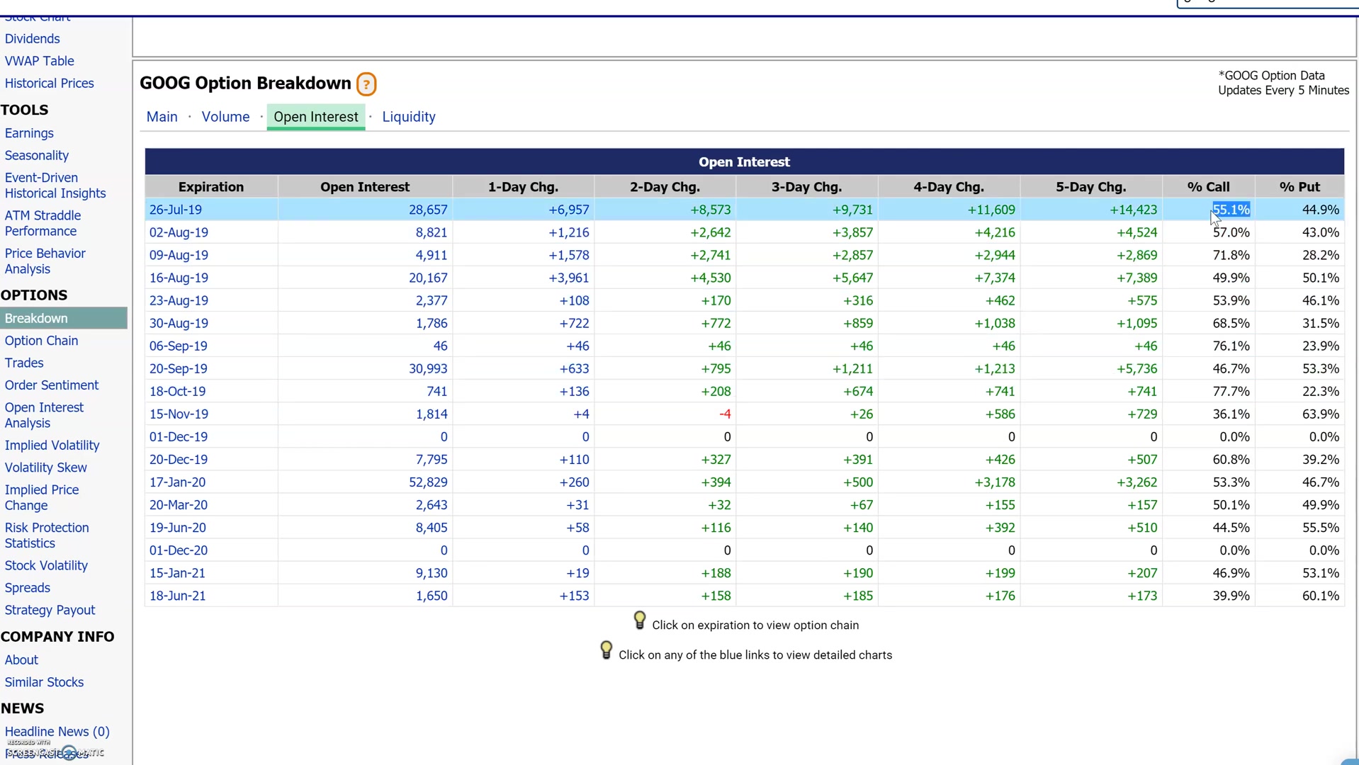 CallsとPutsの内訳や補足項目を確認する画面例
