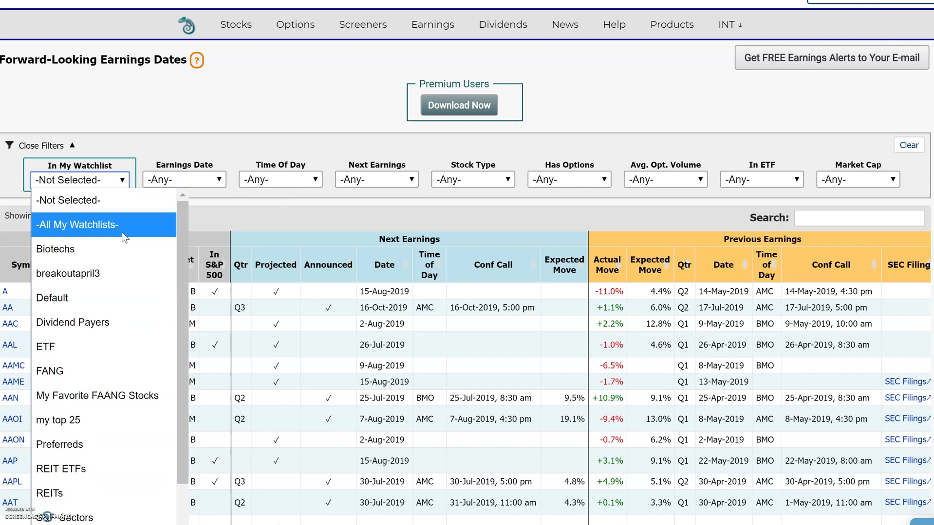 Forward-Looking Earnings Dates Reportの一覧画面イメージ