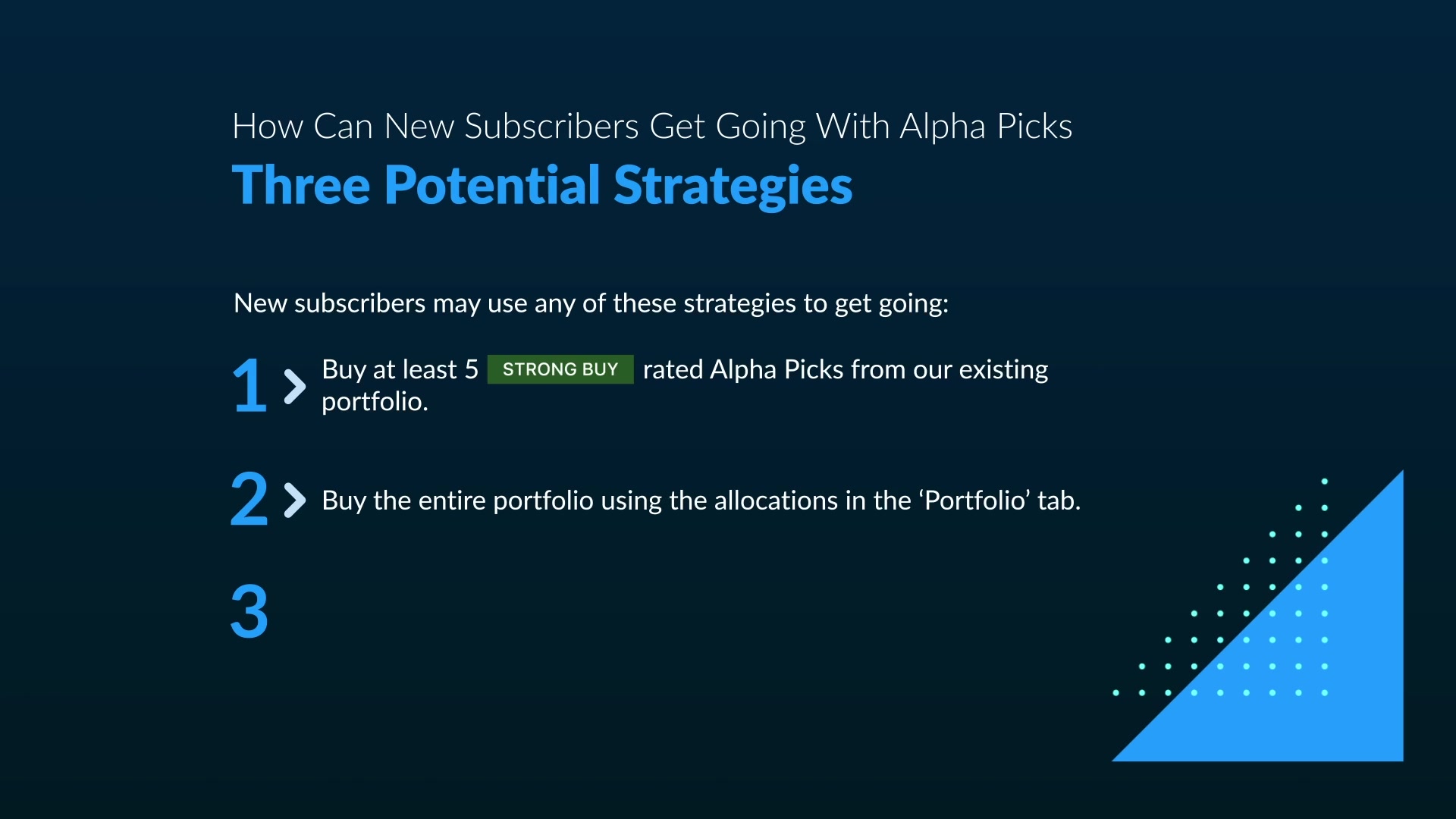 Alpha Picksの始め方として提示されている3つの活用方針の説明画面
