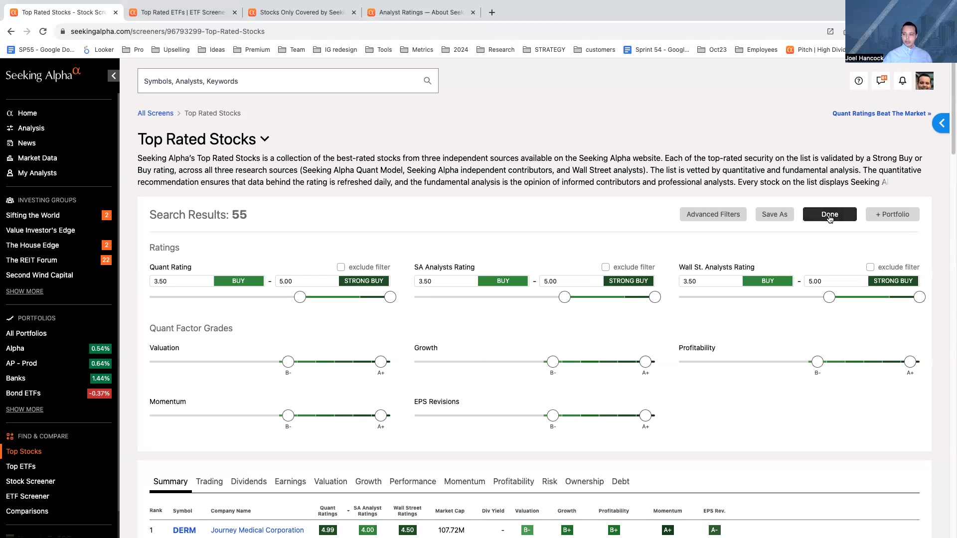 Seeking AlphaのStock Screenerに表示されたTop-Rated Stockなどのプリセットスクリーン一覧の画面