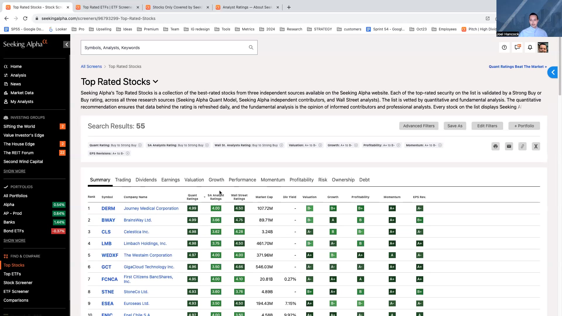 Seeking AlphaのStock Screenerでフィルター条件を追加・カスタマイズしている画面