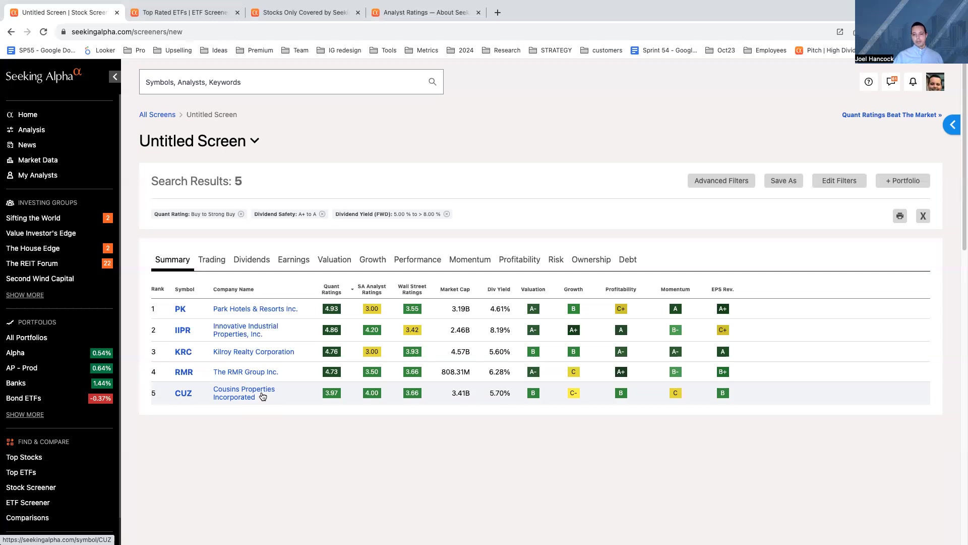 Seeking AlphaのScreenerで候補を絞り込んだ結果とExcelエクスポートボタンが表示された画面