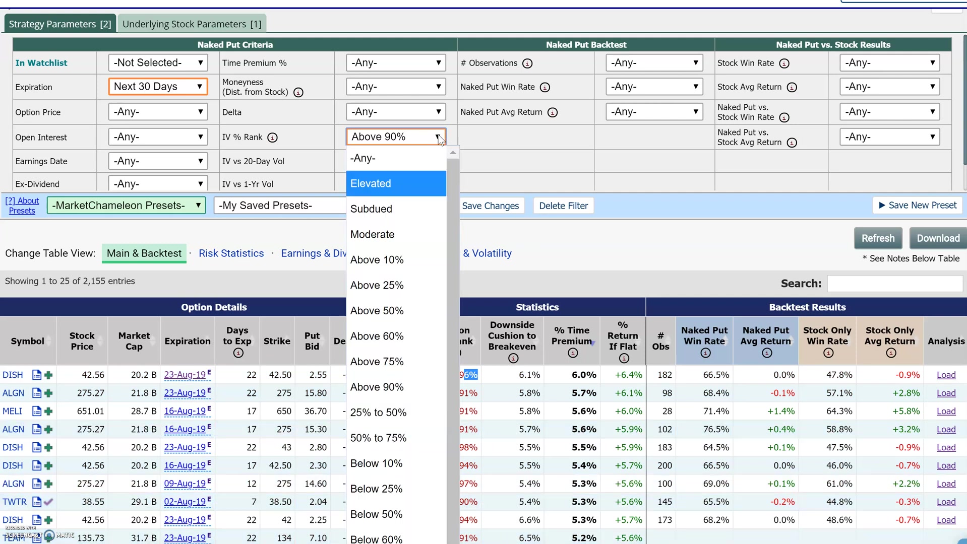 Naked Put ScreenerでIV Percentile Rankの条件を設定する画面
