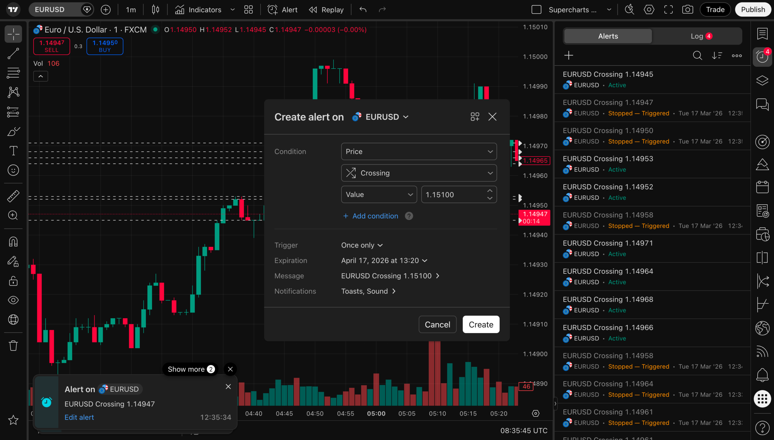 TradingViewアラート機能画面