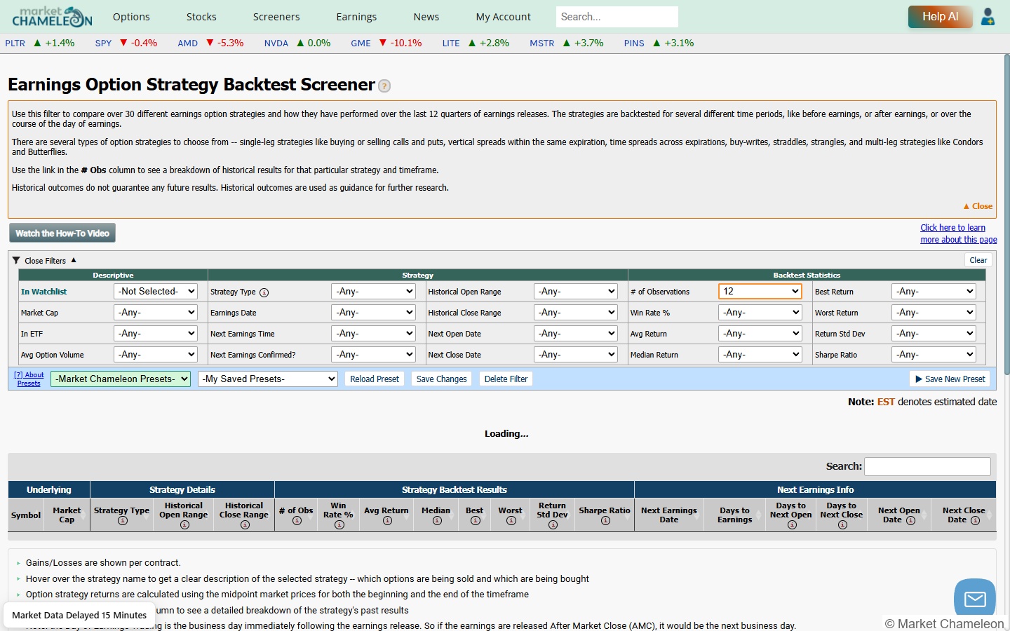 MarketChameleon Earnings Option Strategy Backtest Screener のフィルター画面。Strategy TypeやWin Rate%など複数の絞り込み条件が並ぶ