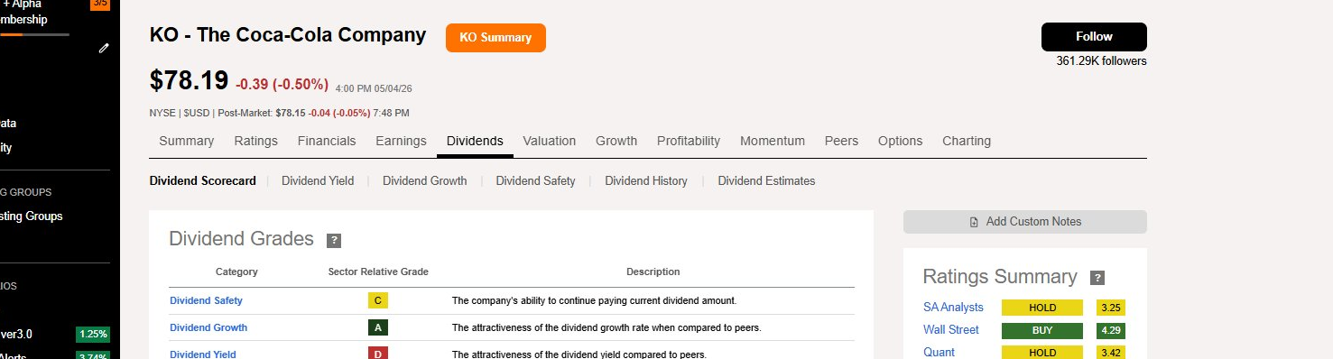 Seeking AlphaのDividend ScorecardでKOのSafety・Growth・Yield・Consistencyの4グレードと説明が表示された画面