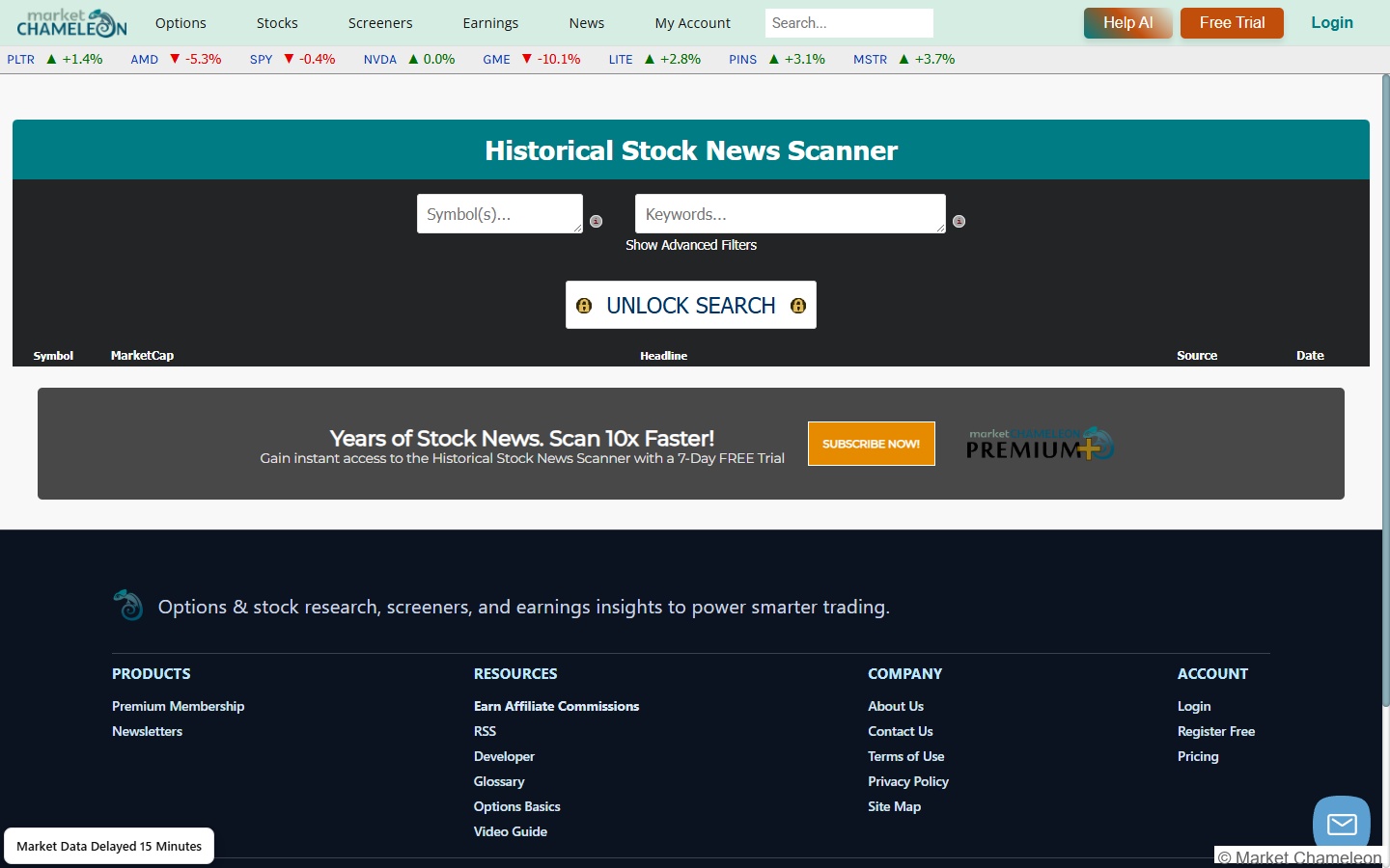 MarketChameleonのBiotech Stock Catalyst Report。臨床試験・PDUFA日程とオプションのImplied Moveを比較した一覧表