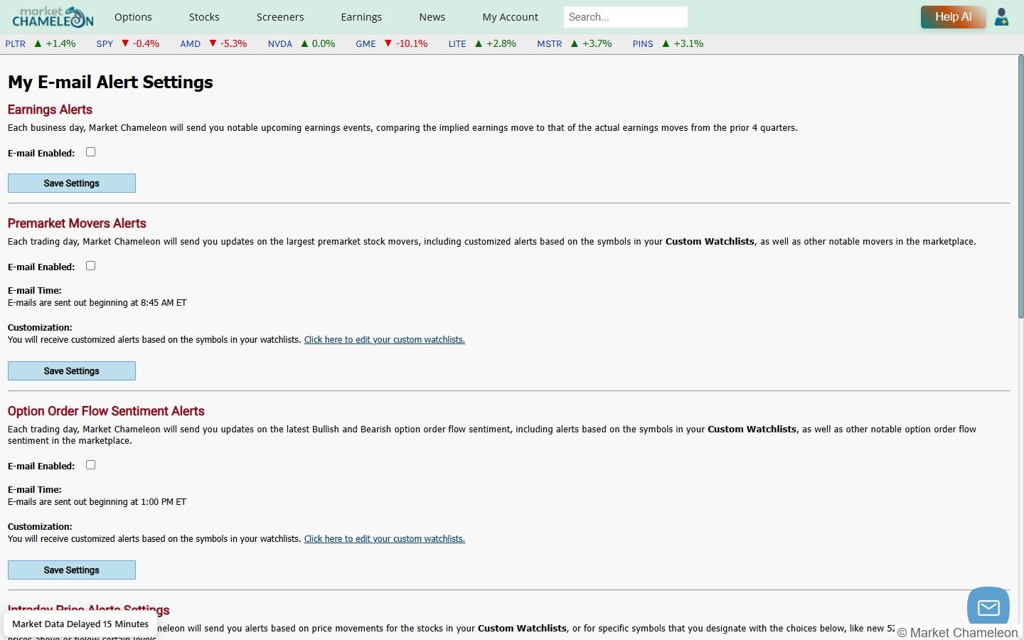 MarketChameleon My Email Alert Settings画面 - Earnings Alerts・Premarket Movers・Option Order Flow Sentimentの設定