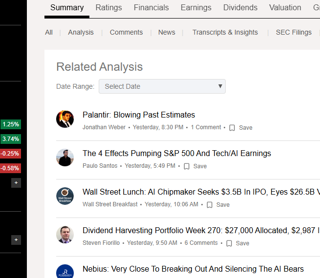 Seeking AlphaのNVDA Related Analysisタブ。Palantir・S&P500関連など半導体セクター周辺の関連記事が一覧表示されている