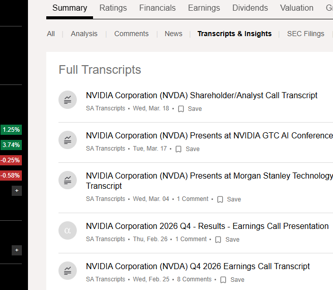 Seeking AlphaのNVDA Transcripts & Insightsタブ。決算説明会・カンファレンス登壇などのトランスクリプト一覧が表示されている