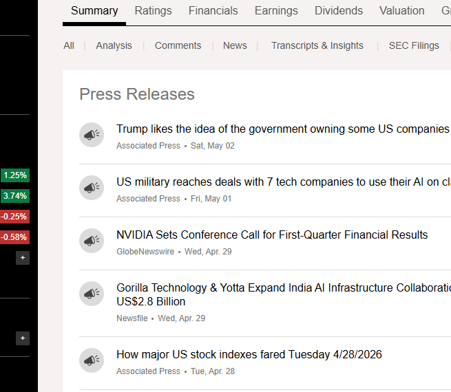 Seeking AlphaのNVDA Press Releasesタブ。Associated PressやGlobeNewswireによるニュースリリースが一覧表示されている