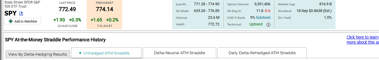 SPYのAt-the-Money Straddle Performance History画面と3つのデルタヘッジ方式タブ