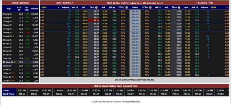 Market ChameleonのMSFTオプション・チェーン（2026年11月20日満期）