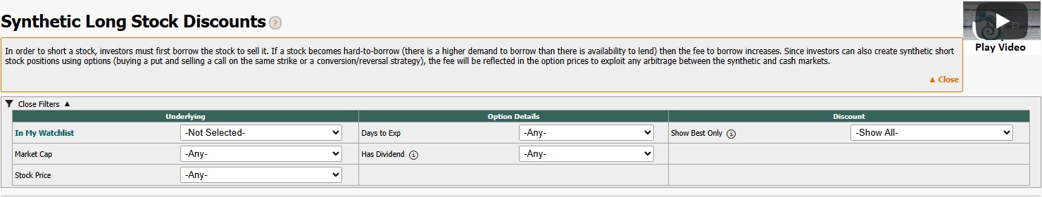 Market ChameleonのSynthetic Long Stock Discountsの画面上部とフィルタ欄