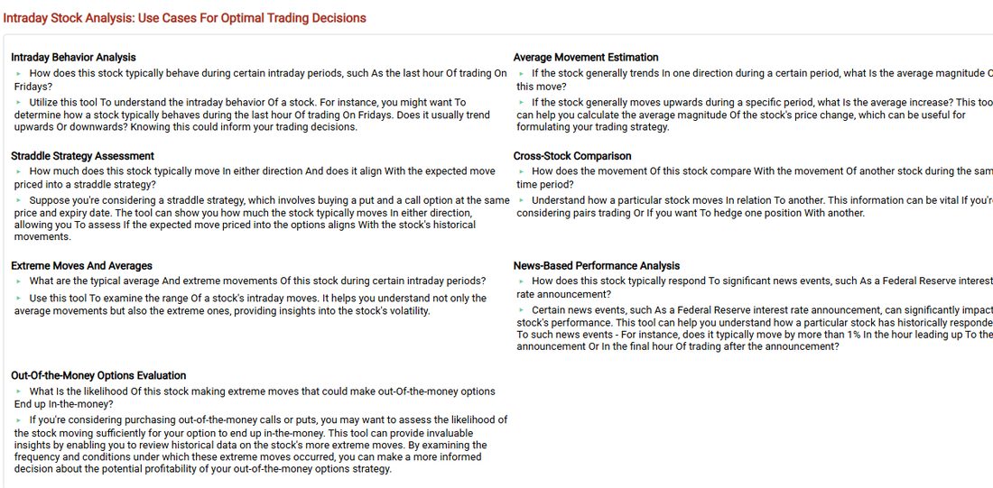 Intraday Stock Analysis: Use Cases For Optimal Trading Decisions の7項目。Intraday Behavior Analysis、Average Movement Estimation、Straddle Strategy Assessment、Cross-Stock Comparison、Extreme Moves And Averages、News-Based Performance Analysis、Out-Of-the-Money Options Evaluation